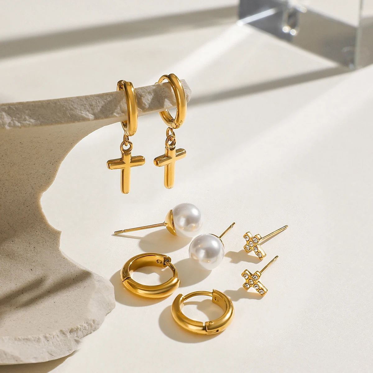 Gold Crucifix x Rhinestone Earring Set