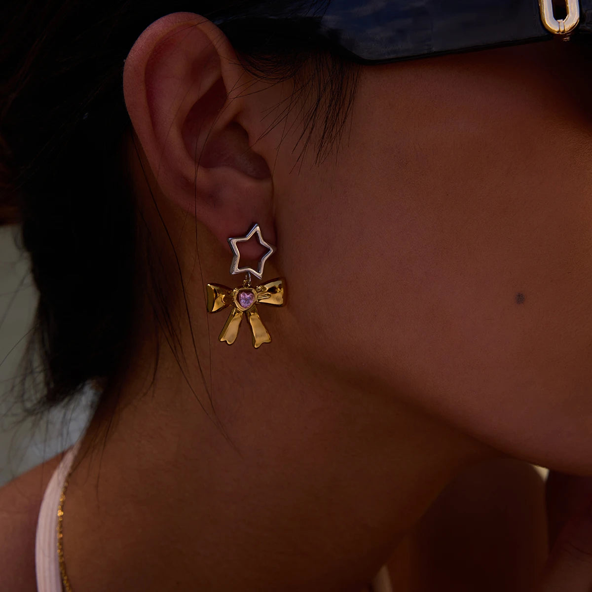 Bow Heart Zircon Earrings