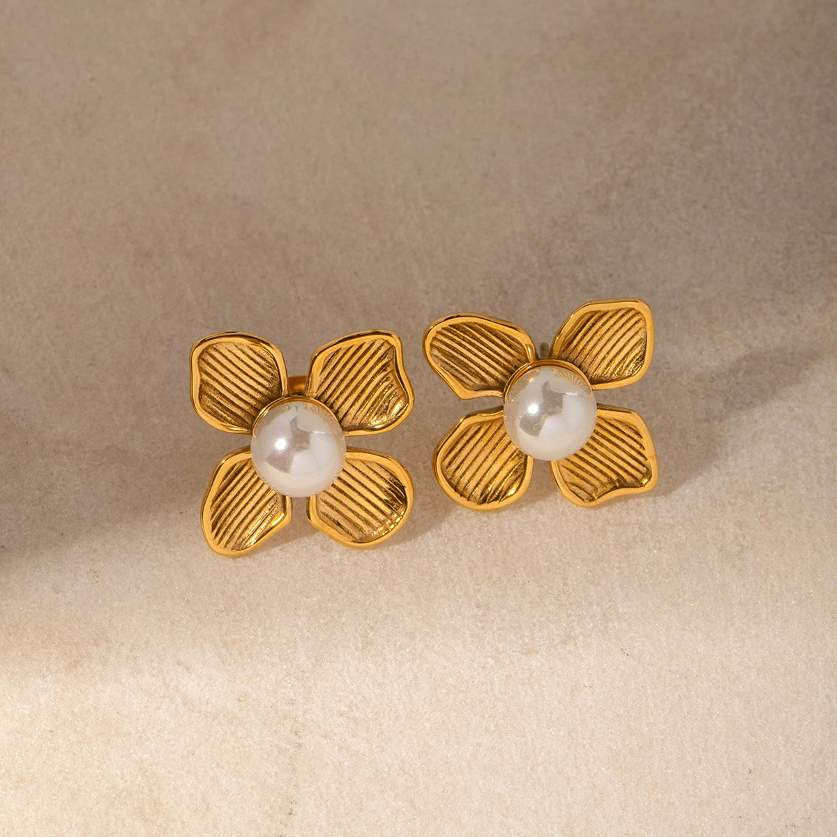 Gold Pearl Flower Shaped Earrings