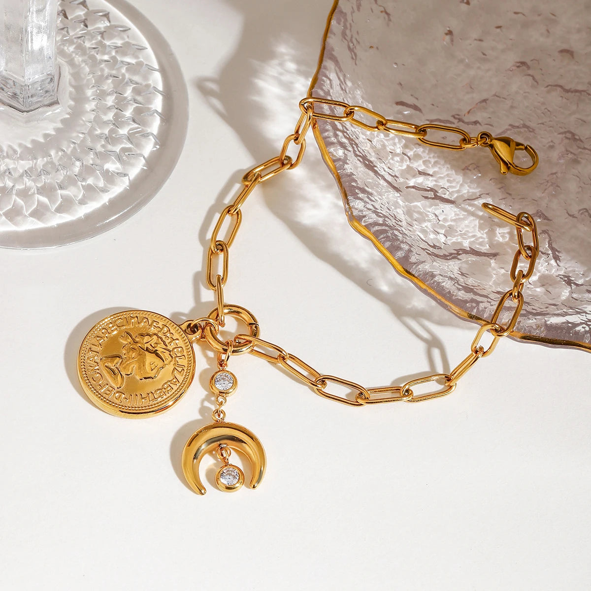 Vintage Coin Moon Pendant Bracelet