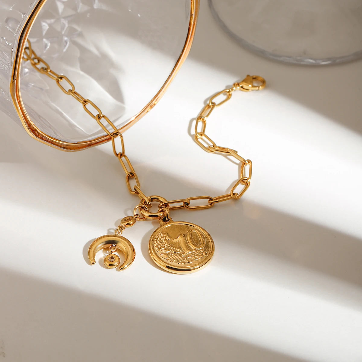 Vintage Coin Moon Pendant Bracelet