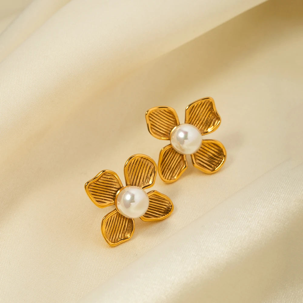 Gold Pearl Flower Shaped Earrings
