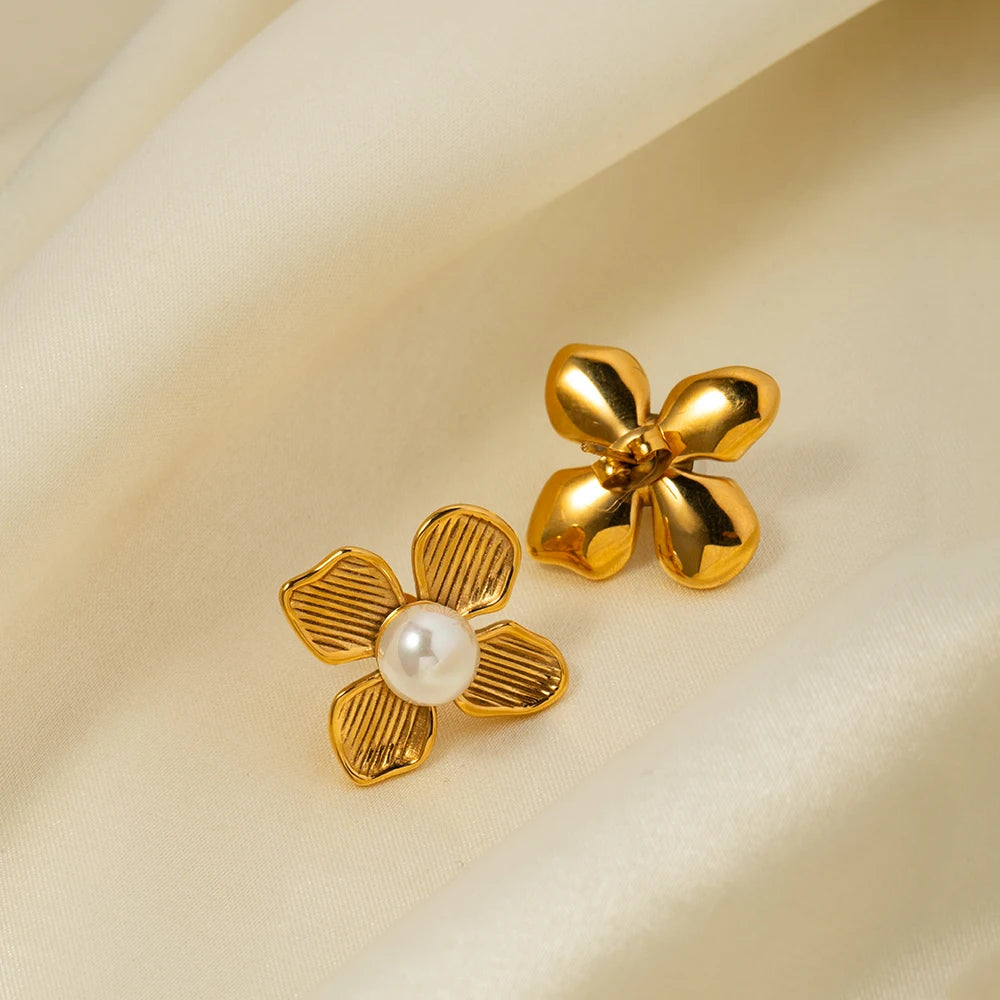Gold Pearl Flower Shaped Earrings