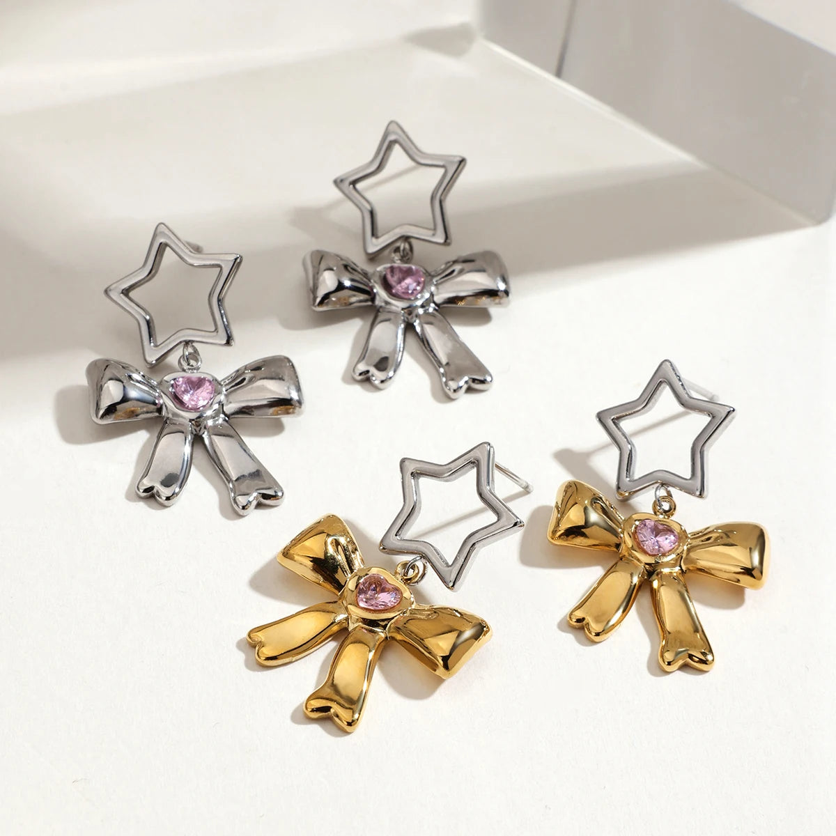 Bow Heart Zircon Earrings