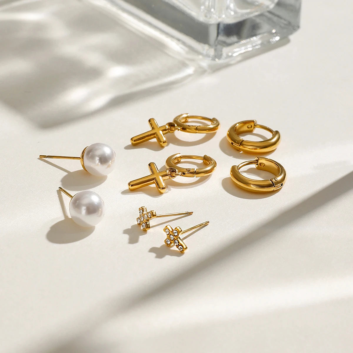 Gold Crucifix x Rhinestone Earring Set