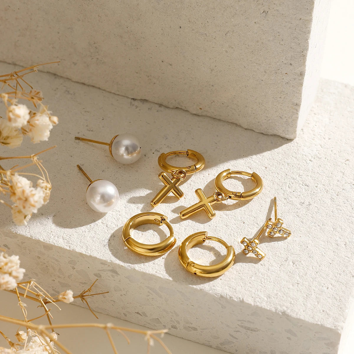 Gold Crucifix x Rhinestone Earring Set