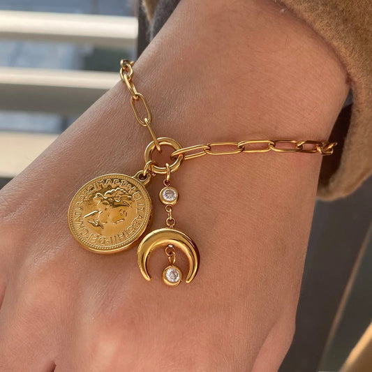 Vintage Coin Moon Pendant Bracelet
