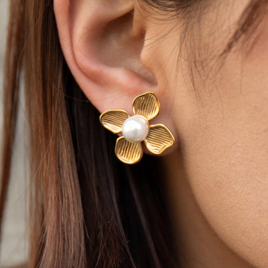 Gold Pearl Flower Shaped Earrings