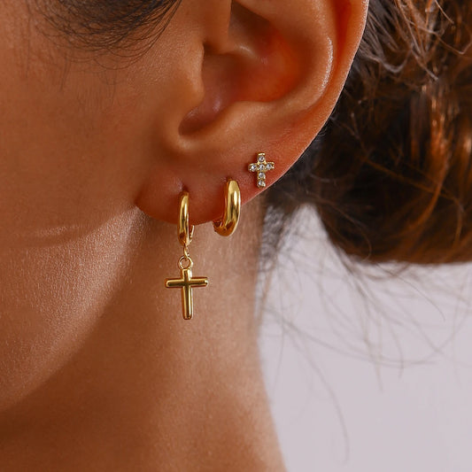 Gold Crucifix x Rhinestone Earring Set